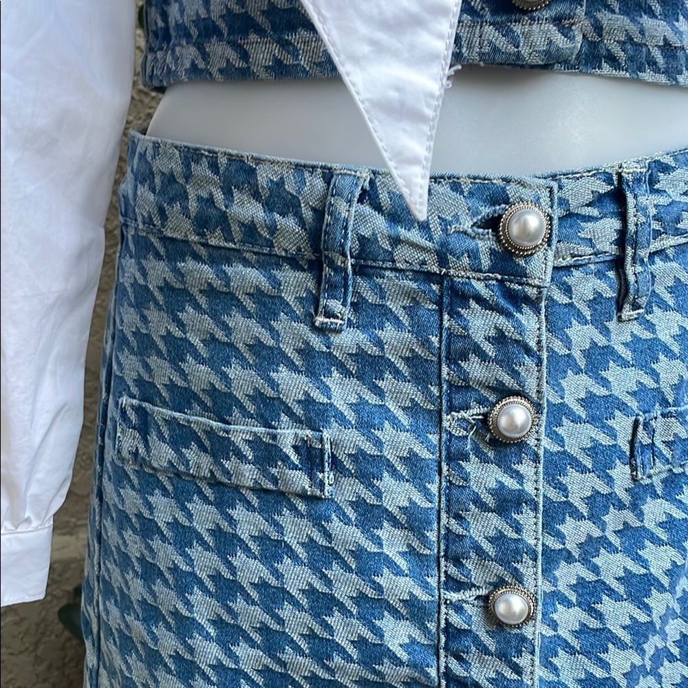 NewBlue Houndstooth Urban Revivo Cotton Skirt Set with Bow Detail - Picture 4 of 15